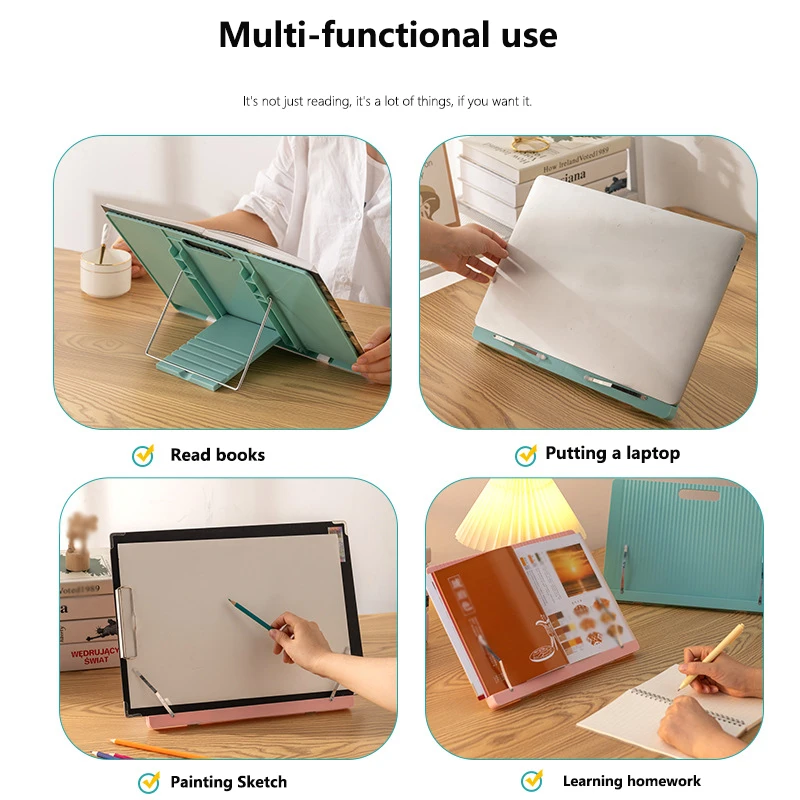 Adjustable Plastic Book Stand for Reading Foldable Desktop Riser for Laptop Textbook - Hands-Free Cookbook Stand with Page Clips 4
