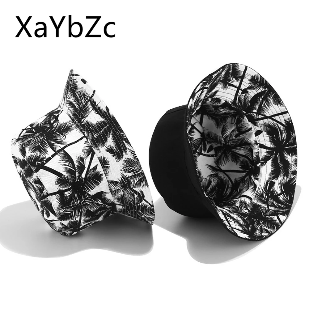 2022 New Unisex Fashion Summer Reversible Black White Coconut Tree Printed Fisherman Caps Bucket Hats Gorro Pescador Men_voghion.com