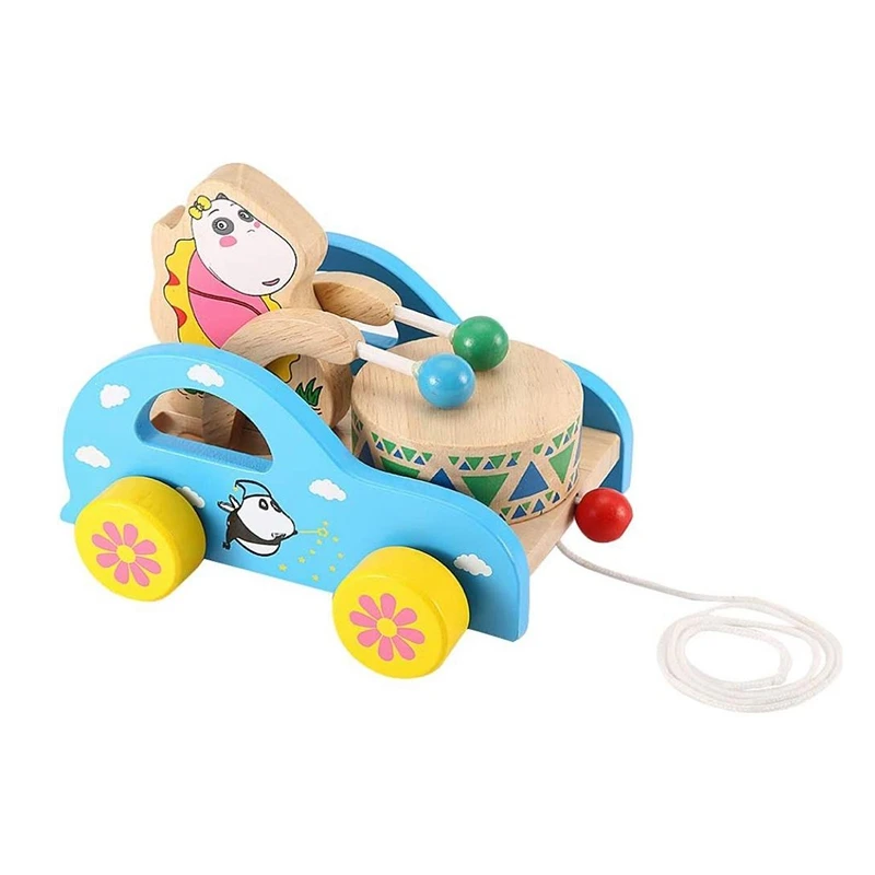 Animals Pull Toy,Cartoon Animals Drum Cart Pull Drum Toy,Early Educational Toys With Long String For Kids Home Play,Bear