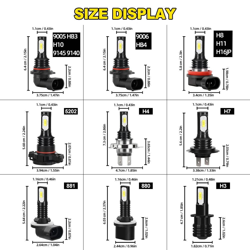 2x H7 H8 H11 LED HB4 9006 HB3 9005 9145 9140 H10 5202 881 880 H3 PSX26W 안개등 전구 6000K DRL 주행등 12V 백색