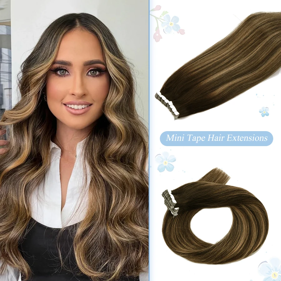 K.S WIGS Mini Tape In Hair Extensions Human Hair Seamless Skin Weft Invisible Natural Non-Remy Human Adhesive Extension