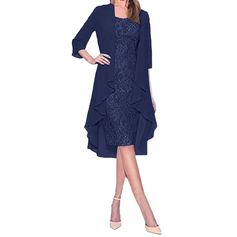 

Womens 2 Piece Set 3/4 Sleeve Lace Bodycon Dresses for Wedding Guest Elegant Cocktail Midi Dress Ruffles Cardigan Coat Dress Set