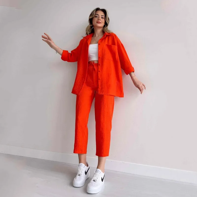 Oversized Women's Autumn and Winter Casual Loose Fitting Shirt Jacket Sports Harlan Pants Two Piece Set