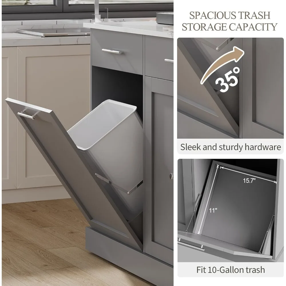Kitchen Island with Trash Can Storage, 52" Rolling Kitchen Island on Wheels with Marble Countertop & Pull Out Spice Rack 4
