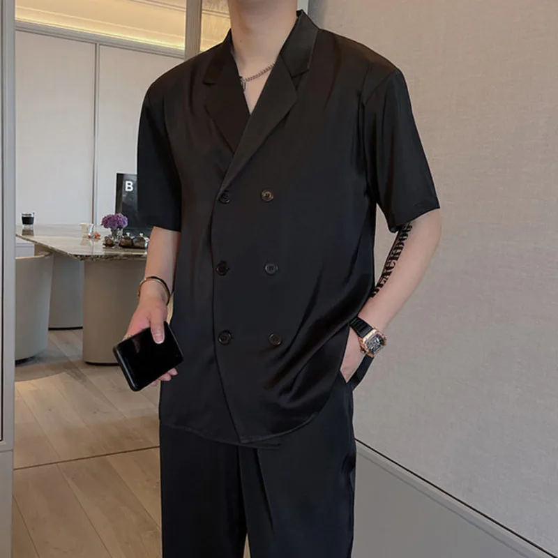 Summer Sets Men Fashion Double Breasted Short Sleeve Shirt/Trousers Two Piece Set Men Korean Loose Ice Silk Sets Mens Formal Set 4