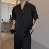 Summer Sets Men Fashion Double Breasted Short Sleeve Shirt/Trousers Two Piece Set Men Korean Loose Ice Silk Sets Mens Formal Set 4