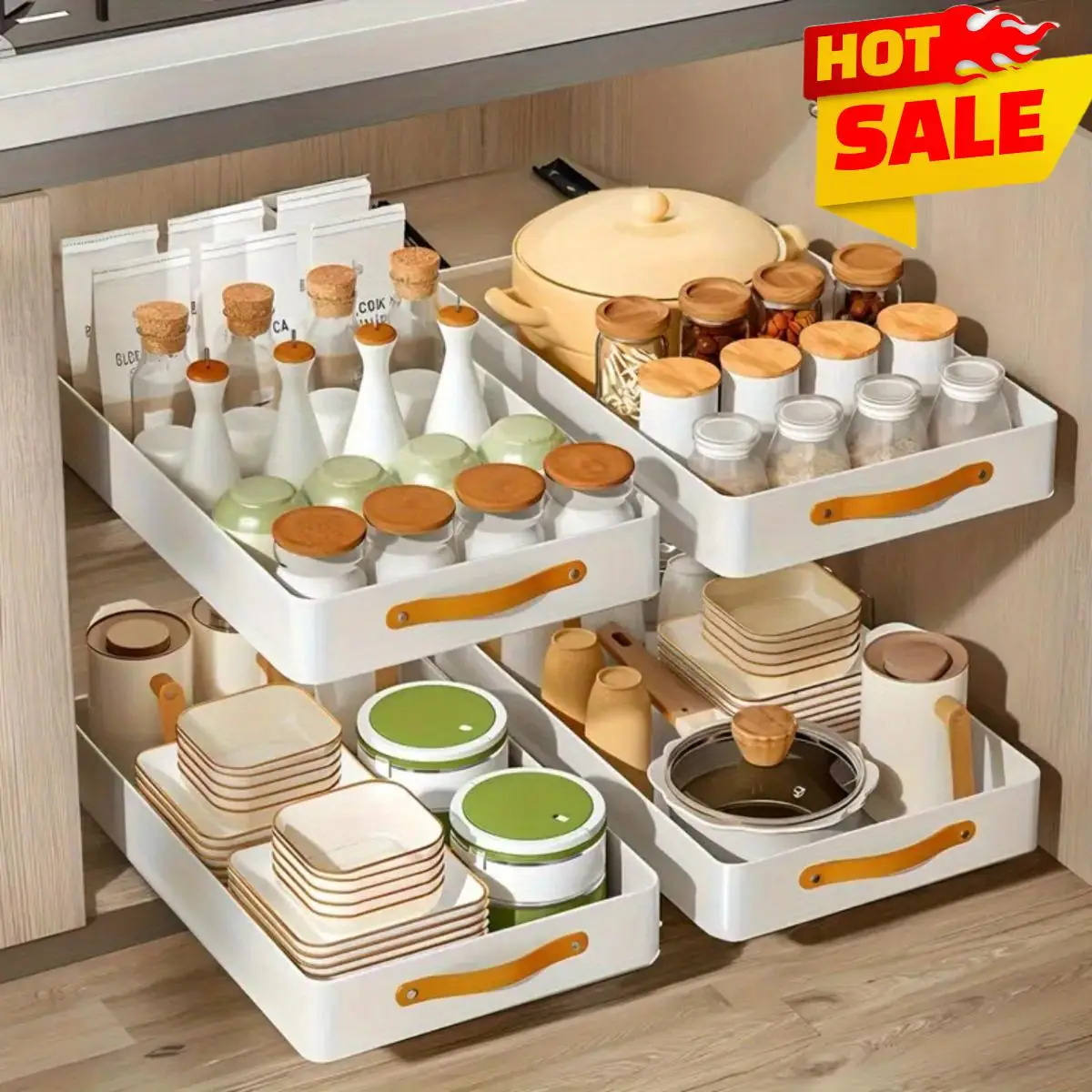 Pull out Cabinet Organizer Fixed with Adhesive Nano Film, Heavy Duty Slide Out Pantry Shelves Drawer Storage, Kitchen,Bathroom,