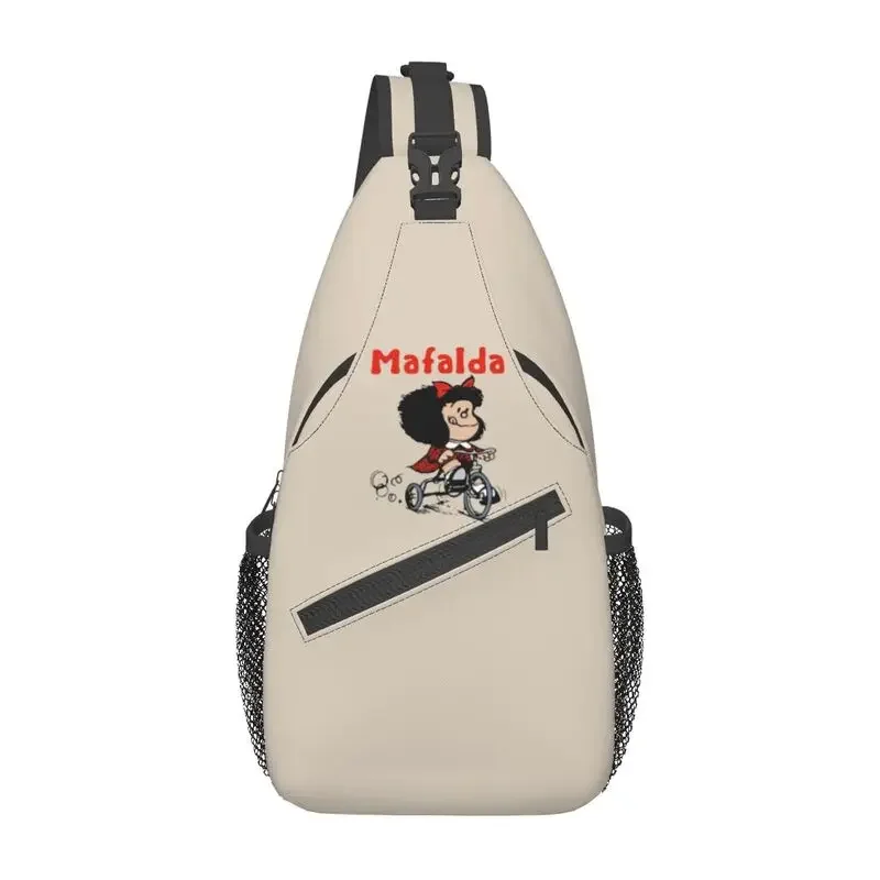 

Cool Mafalda Bicycle 3 Wheels Crossbody Sling Backpack Men Quino Manga Cartoon Shoulder Chest Bags for Travel Cycling