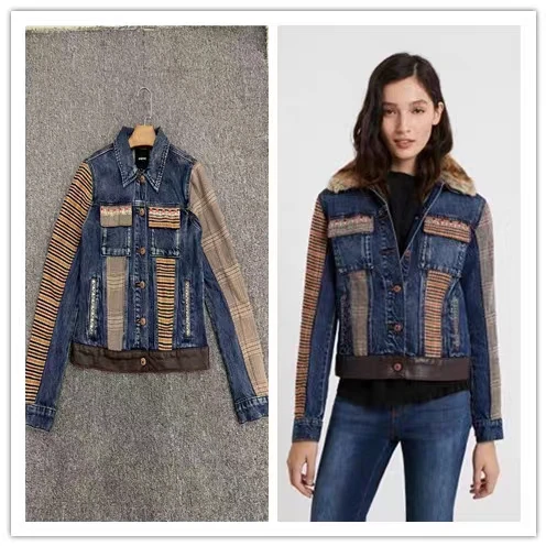 

Международная торговля оригинальная одноместная испанская Новая модная цветная джинсовая куртка в стиле пэчворк короткая куртка без воротника для волос