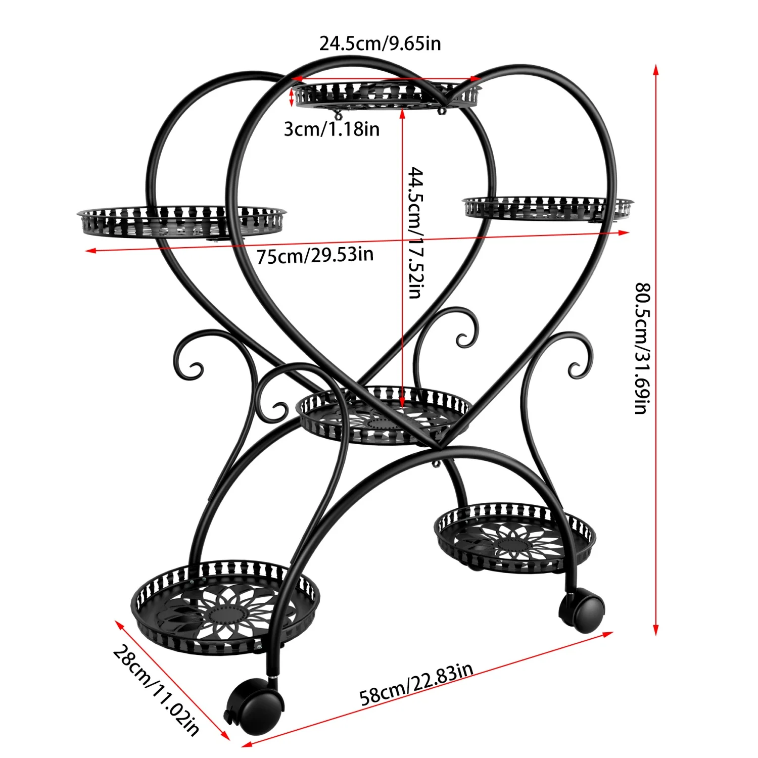 6 Potted Heart-shaped Rolling Metal Plant Stand on Wheels Garden Cart Flower Pots Organizer Rack for Patio, Balcony