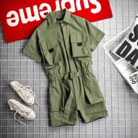 2024 Summer New Men's Japanese Short sleeved Shorts jumpsuit Set Trendy Retro Work Style jumpsuit Loose Set Ultra Thin Ice Silk 1