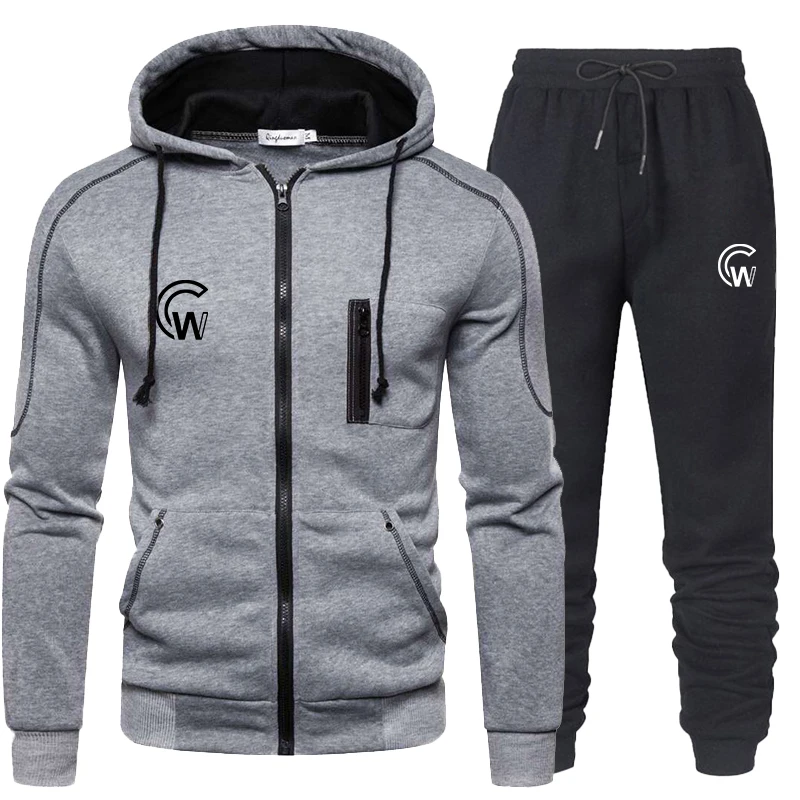 Fashion logo printed men's zippered jacket set Spring and Autumn men's vertical zippered hooded jacket+sports pants set