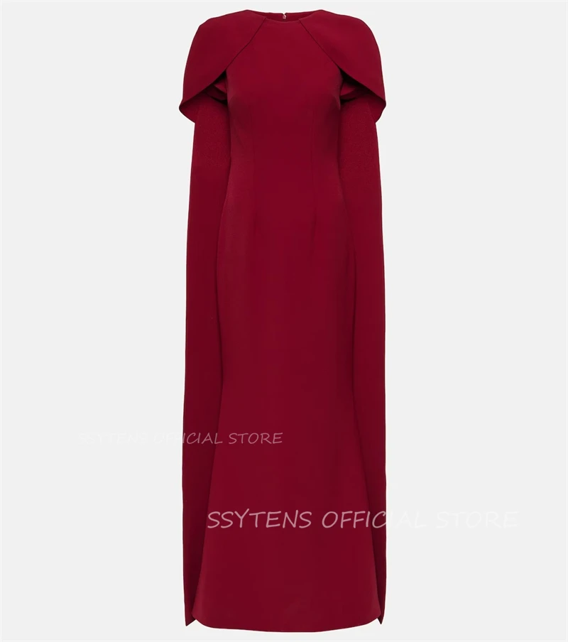 Chic Dark Red Long O Neck Mermaid Causal Prom Dresses Satin Cape Sleeves Formal Event Evening Party Gowns robes de soir&eacute;e Dress