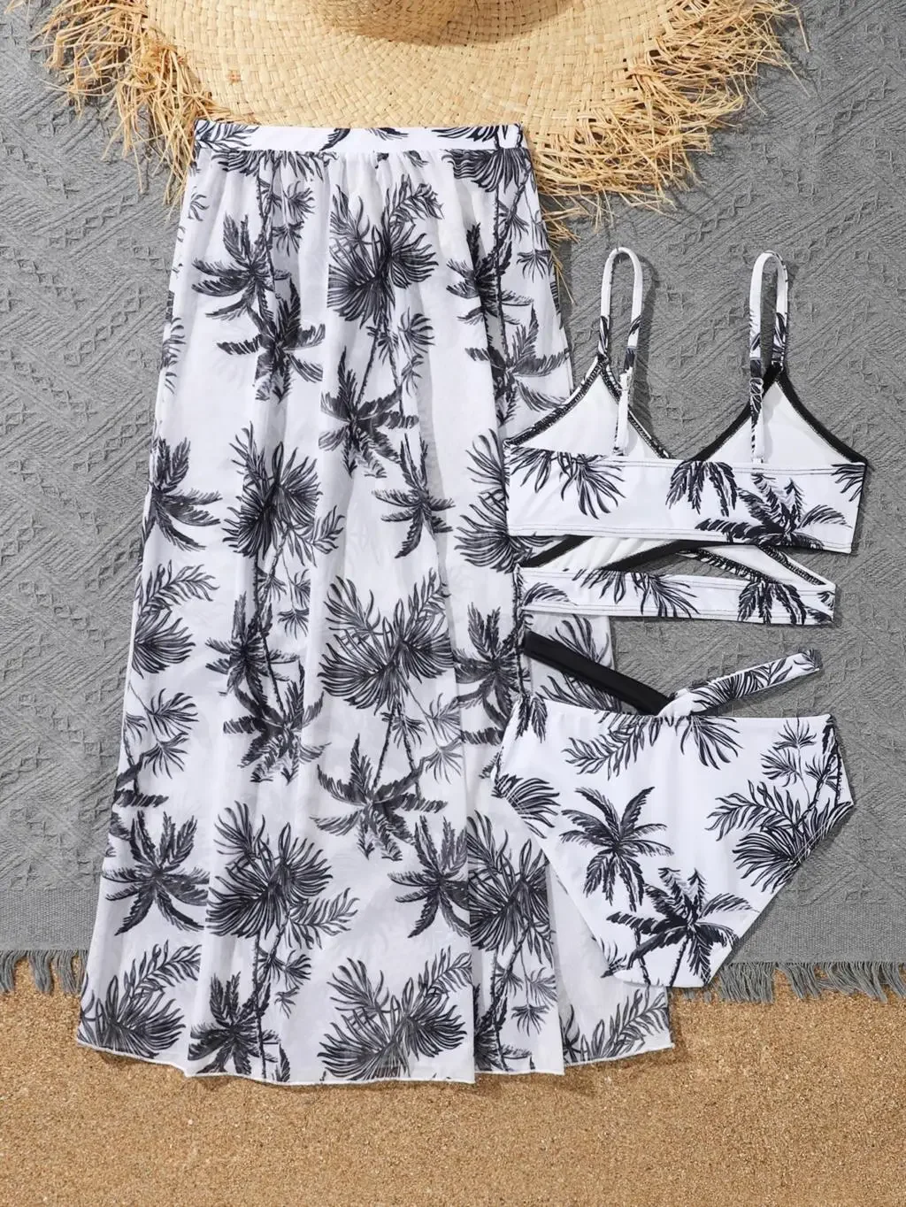Girl 3pack Palm Tree Print Bikini Swimsuit with Beach Skirt Children's Swimwear for 7-12 Years Swimming Bathing Suit