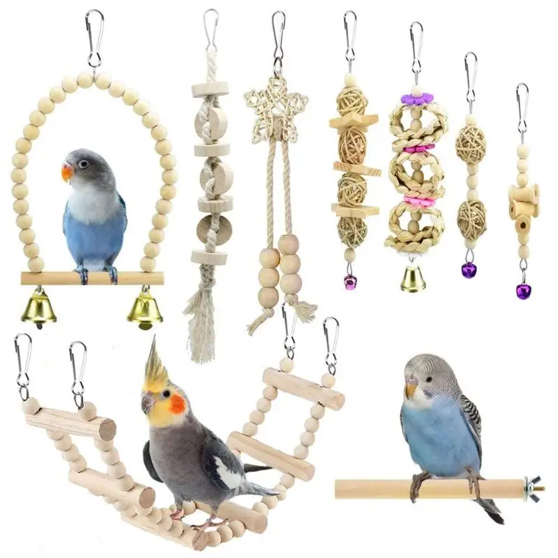 9 Pcs/Set Bird Parrot Swing Toys Chewing Standing Hanging Perch Hammock Climbing Ladder Bird Cage for Budgerigar Conure