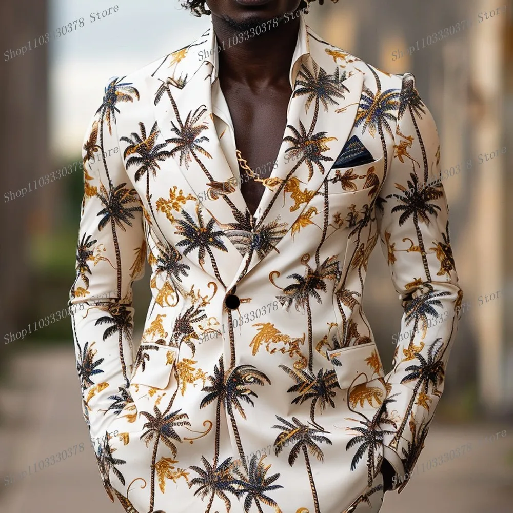 

New Printed Men Suit Prom Party Nightclub Performance Special Occasions Casual Male Tuxedos 2 Piece Set Blazer Pants 07