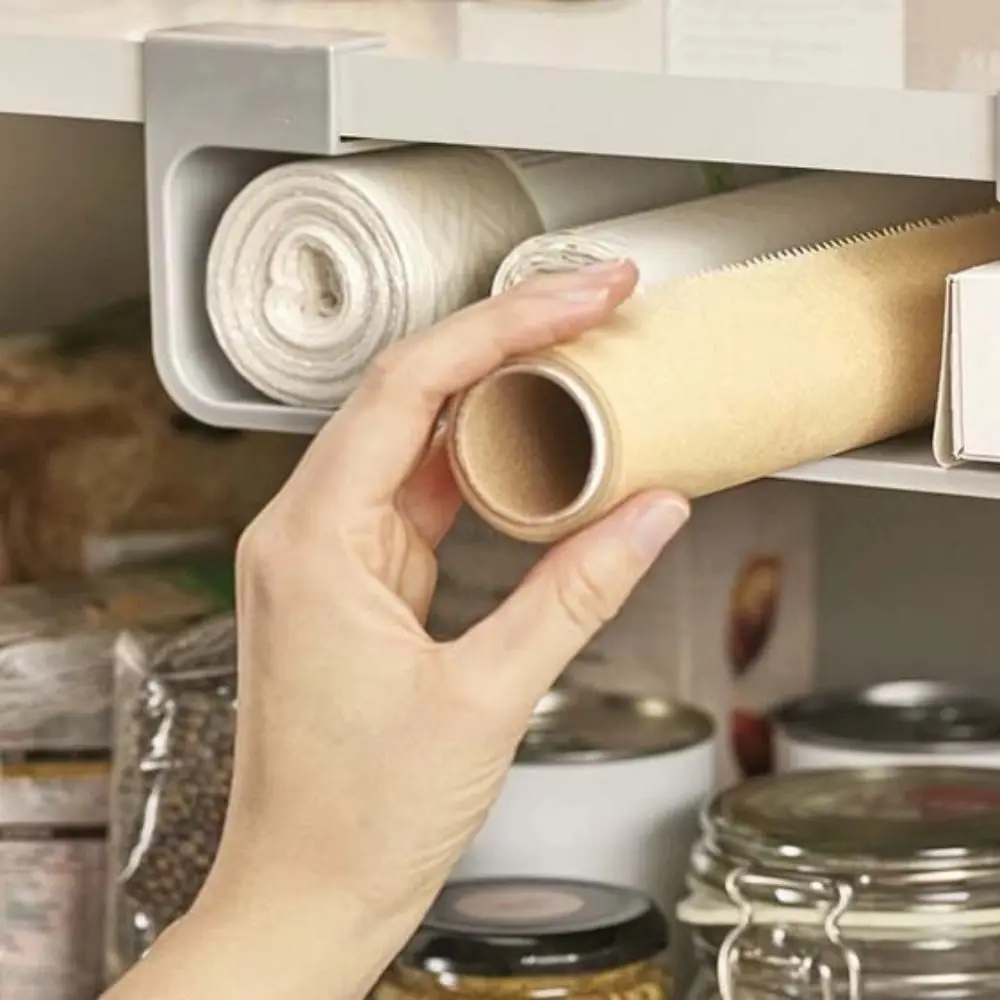 Plastic Cling Film Organizer Grey Wall Mounted Tinfoil Organizer No-Punch Space Saving Hanging Cabinet Storage Shelf for Home 4