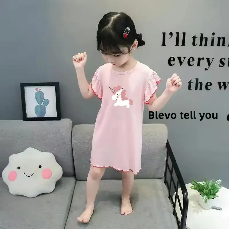 여아용 여름 얇은 아이스 실크 잠옷, 반팔, 어린이 잠옷, 공주 원피스 가정 의류, 원피스 에이전트