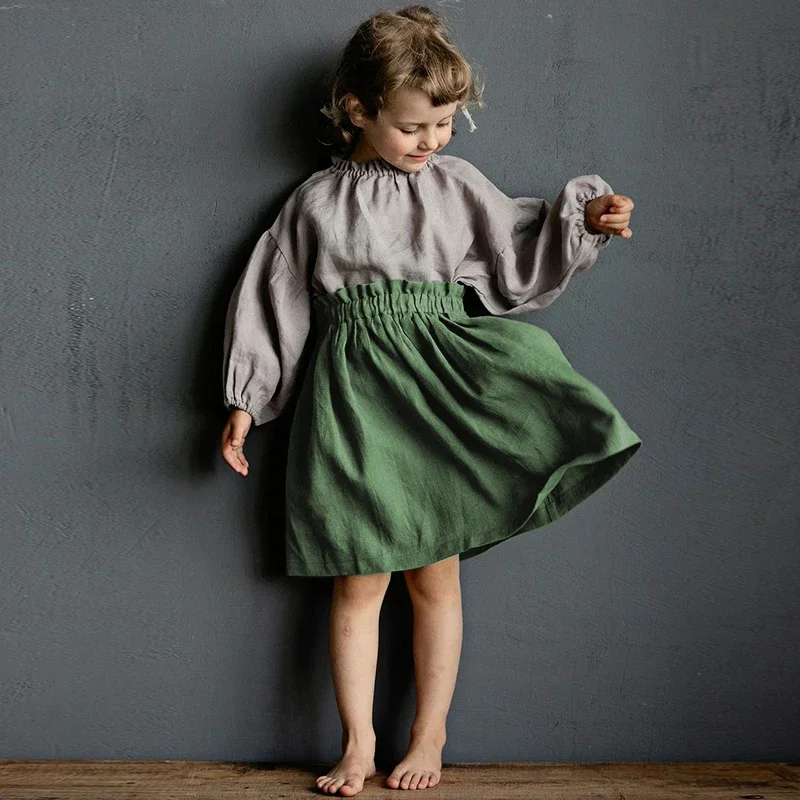 

Girl's Cotton And Linen Midi Skirt Summer New Children's Casual Loose Elastic Waist Ruched Simple Skirt Baby Girl Skirts
