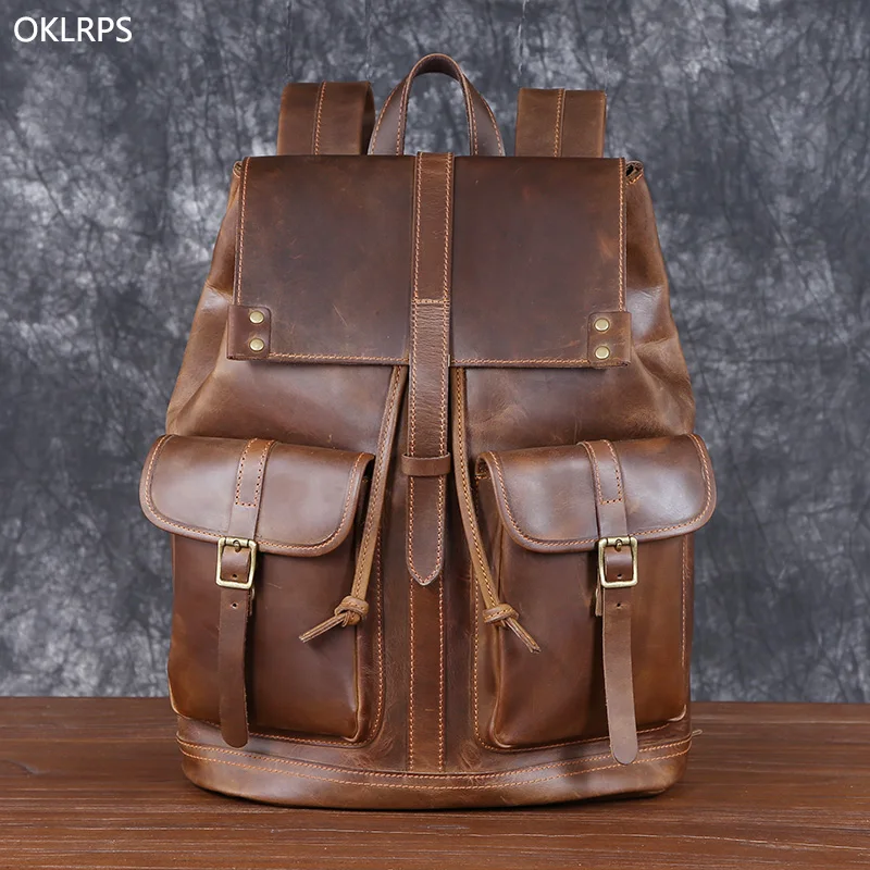 Leather Shoulder Wrap Layer Cowhide Backpack Large Capacity Computer Bag Crazy Horse Leather Drawstring Travel Bag