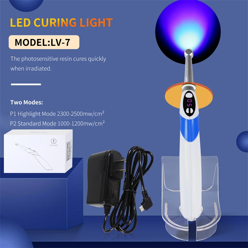 1s/5s Dental Curing Light Lamp for Resin Cure Wireless LED Blue light 1800-2500mw Rechargeable