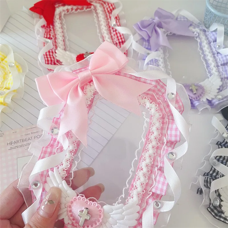 Lace Sleeve Bow Acrylic 3 inch Kpop Photocard Holder DIY Fabric Pendant Angel Wing Sheath Photo Card Holder Bag School Pendant