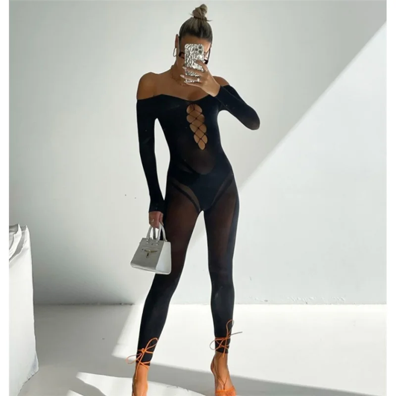 2023 Women's Spring Clothing New Sexy Mesh See-through off-Neck Hollow High Waist Trousers Tight Jumpsuit men outfit set mesh backless tight tops and shorts two piece set sexy nightclub perspective short sets ropa para hombre