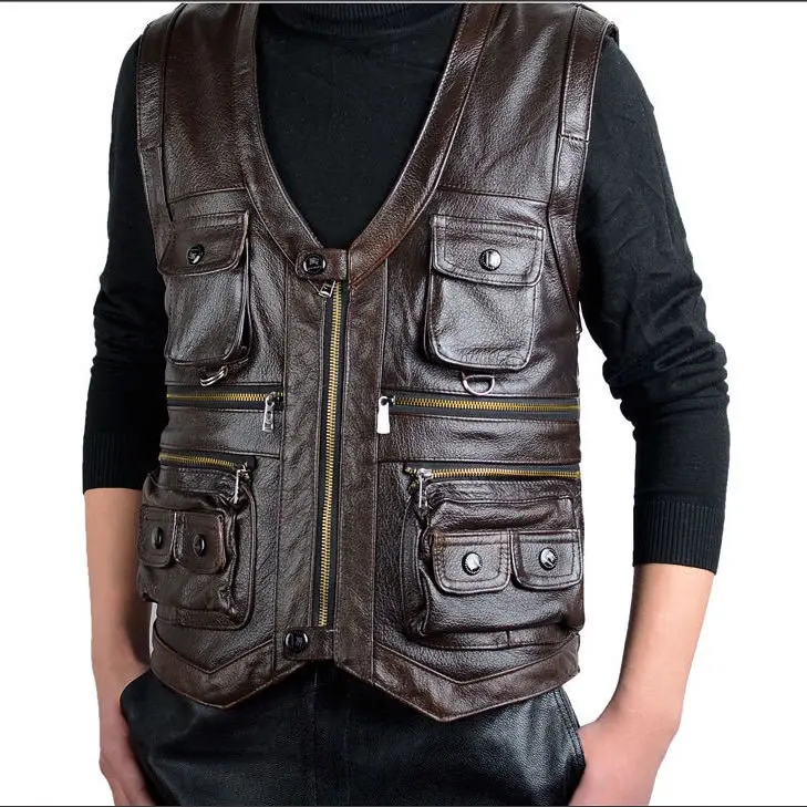 

Men Side Biker Motorcycle Leather Vest Gun Pockets Autumn Windproof V-neck Hip Hop Waistcoat Male Punk Solid Sleeveless E200