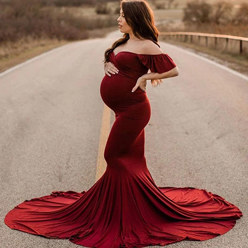 Maxi Maternity Gown For Photo Shoot Fitted Sexy Maternity Dresses Photography Props Off Shoulder Women Pregnancy Dress Plus Size