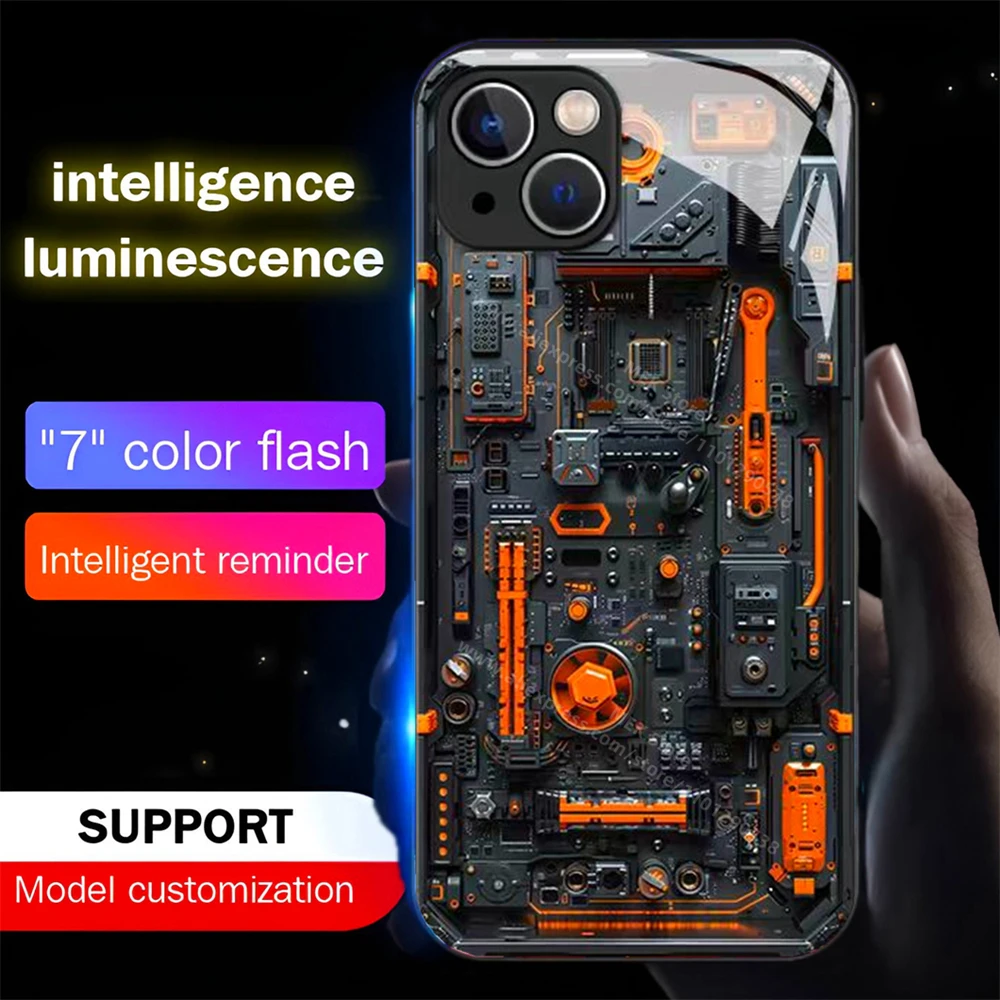 Orange Chip Circuit Sound Control LED-Blitzgehäuse mit leuchtendem Glasdeckel für iPhone Air 18 17 16 E 15 14 13 12 11 Pro Max