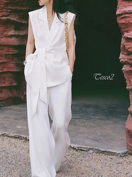 Tesco Spring Women's Elegant Pant Sets Western Sleeveless Suit Vest Wide Leg Pants 2 PCS For Wedding Party Casual Summer Outfits