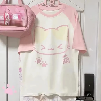 Japanese Cute Cartoon Style Y2k Aesthetics Harajuku Anime Cartoon Cat Print Ladies Kawaii Short Sleeve T-shirt Streetwear 1
