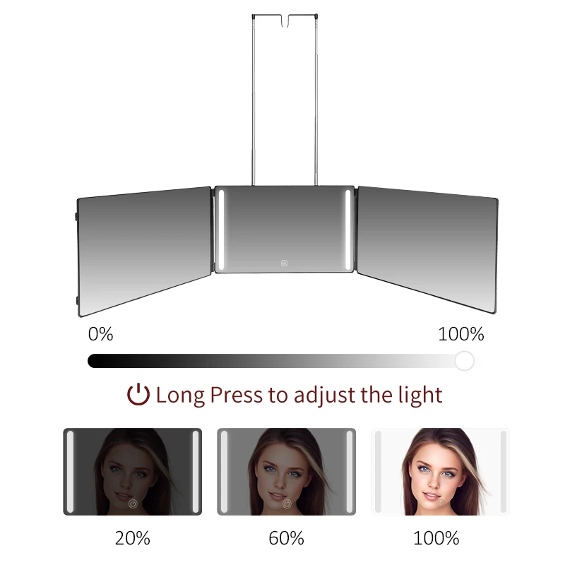 LED 3 Way Mirror for Hair Cutting, 360 Trifold Mirror with Height Adjustable Telescoping Hooks, for Makeup, Hair Styling, Gifts