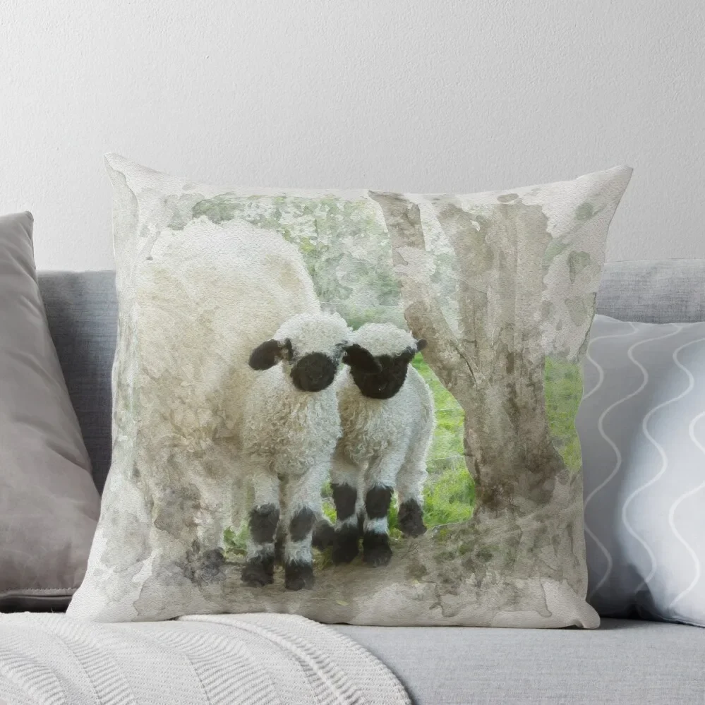 

The Twins Watercolour Photograph - Valais Blacknose Lambs Throw Pillow Pillowcases Bed Cushions Cushions Pillow Case