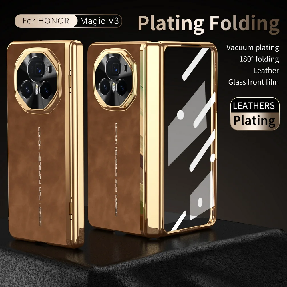 Leather-Plated Case with Front Tempered Glass Protector and Camera Guard