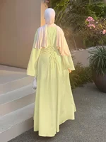 الشرق الأوسط العرقية نمط جديد أنيق رداء مسلم مهرجان حفلة رمضان الأصفر طويلة الأكمام جولة رابطة عنق الخصر أنيقة التنقل مريحة تنفس بلون فستان دون الحجاب 2