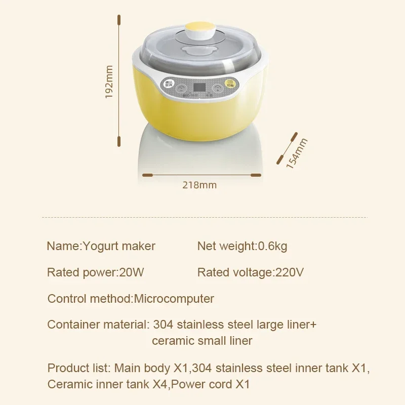 DMWD Multifunction Electric Yogurt Maker Leben Fermenter Automatic Glass Liner Natto Rice Wine Yoghurt Machine 4 Cups Container