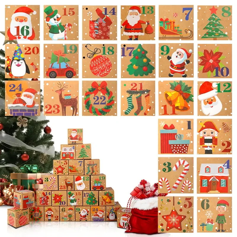Weihnachts-Adventskalender-Boxen, 24-Tage-Advent-Countdown-Geschenkboxen, leere Weihnachtsboxen aus Pappe mit Zahlen, Papieraufbewahrung