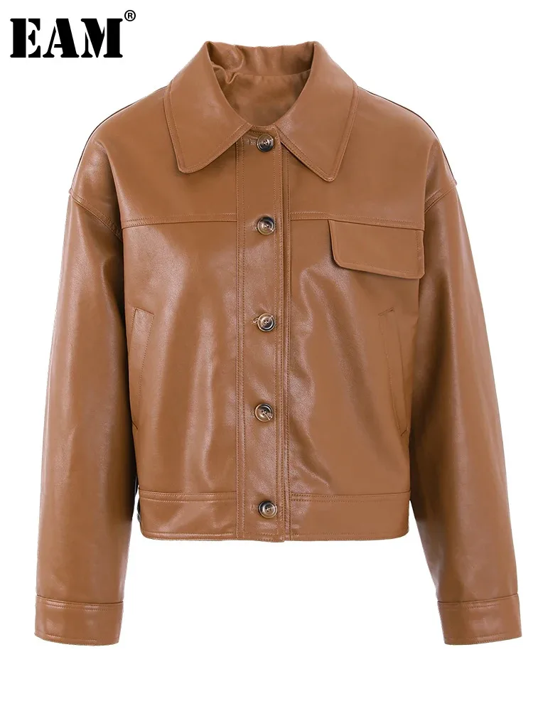 

[EAM] Loose Fit Brown Short Casual PU Leather Jacket New Lapel Long Sleeve Women Coat Fashion Tide Spring Autumn 2024 1DH0971