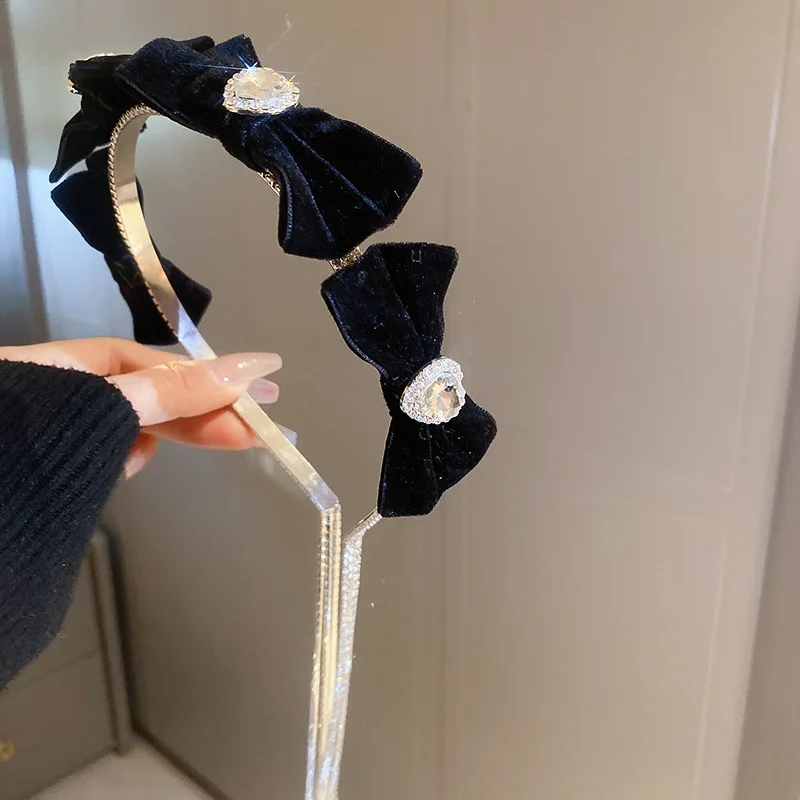 

Minar Retro Bling Rhinestones Love Heart Bowknot Headband for Women Black Color Velvet Plush Long Tassel Wide Brimmed Hairbands