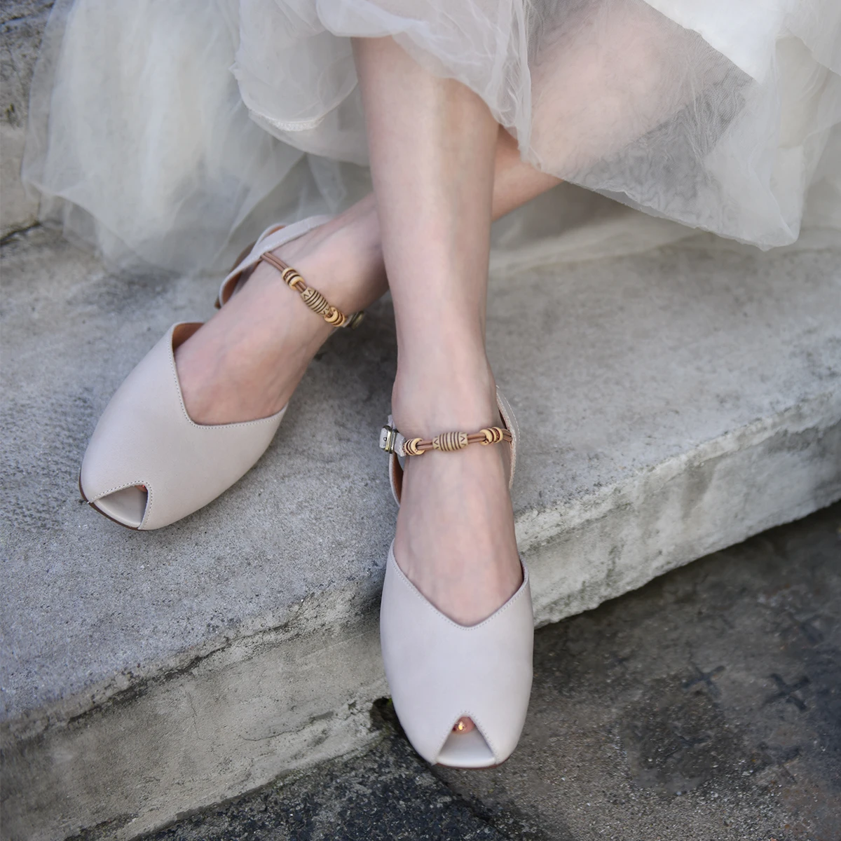 

Artmu Original Bohemian Women Sandals Flats String Bead Fish Mouth Thick Heel Shoes Elegant Shoes Genuine Leather Luxury Sandals