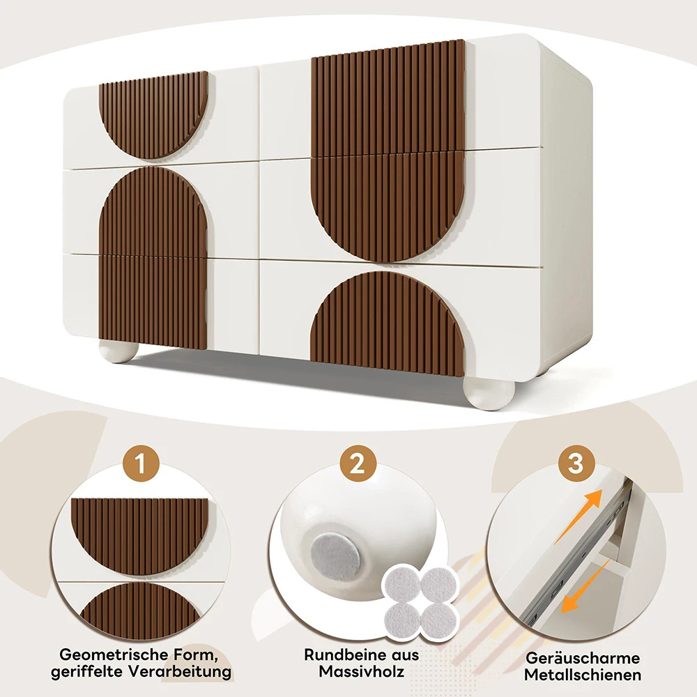 KOMHTOM Kommode Sideboard mit 6 Schubladen Weiß - Geschwungenes Design, Leise Schiebe-Schubladen & Kippsicherung – Detail 7