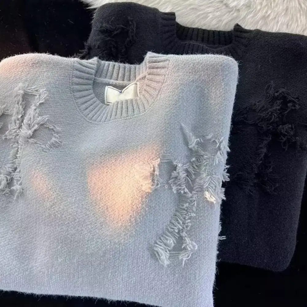 

Winter Thick Sweater Stylish Men's Hip Hop Streetwear Sweater Ripped Knitted Loose Pullover with Elastic Soft for Fall/winter