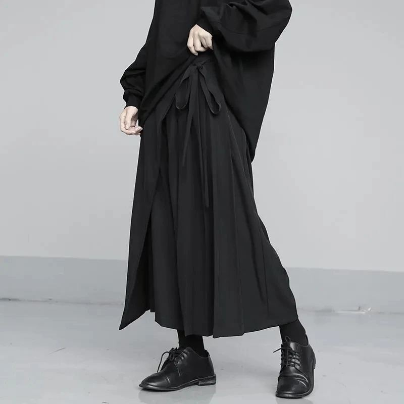 Spring Autumn New False Two-piece Skirt Pants Black Wide-leg Pant Elastic Waist Straps Women 2024 Irregular Casual Cropped Pants 4