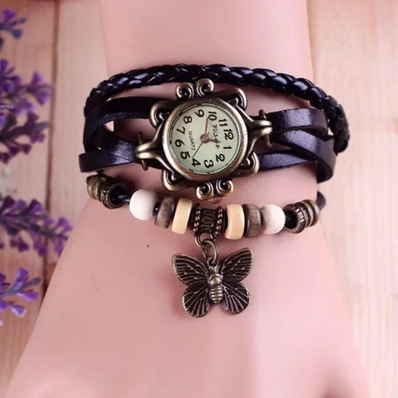 Vintage Hand Woven Leather Watch Fashionable Leather Wrapped Butterfly Pendant Quartz Watch Vintage High-quality Bracelet Watch