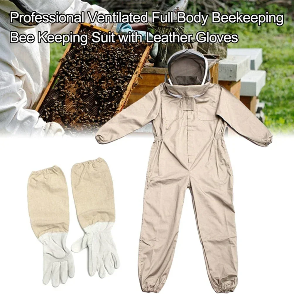 Beekeeping equipment, thickened apricot colored space suit, one-piece split bee suit, white space suit with sheepskin gloves set