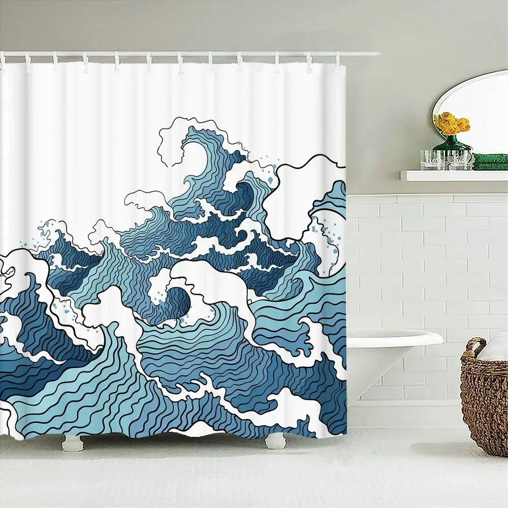 Japanese-style Waves 3D Printing Shower Curtain With Hooks   Home Decoration Bathroom Curtains Waterproof polyester Fabric 2