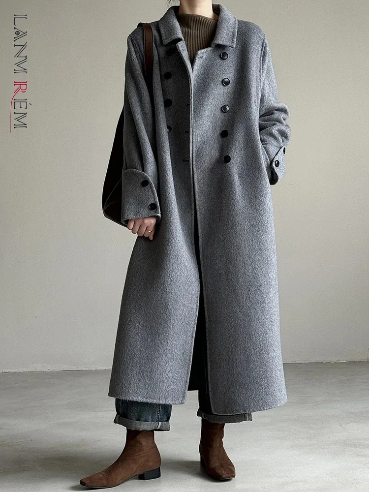 

[LANMREM] Vintage Wool Coats For Women Lapel Double Breasted Long Sleeve Luxury Warm Outwear Fashion 2023 Winter New 26D6732