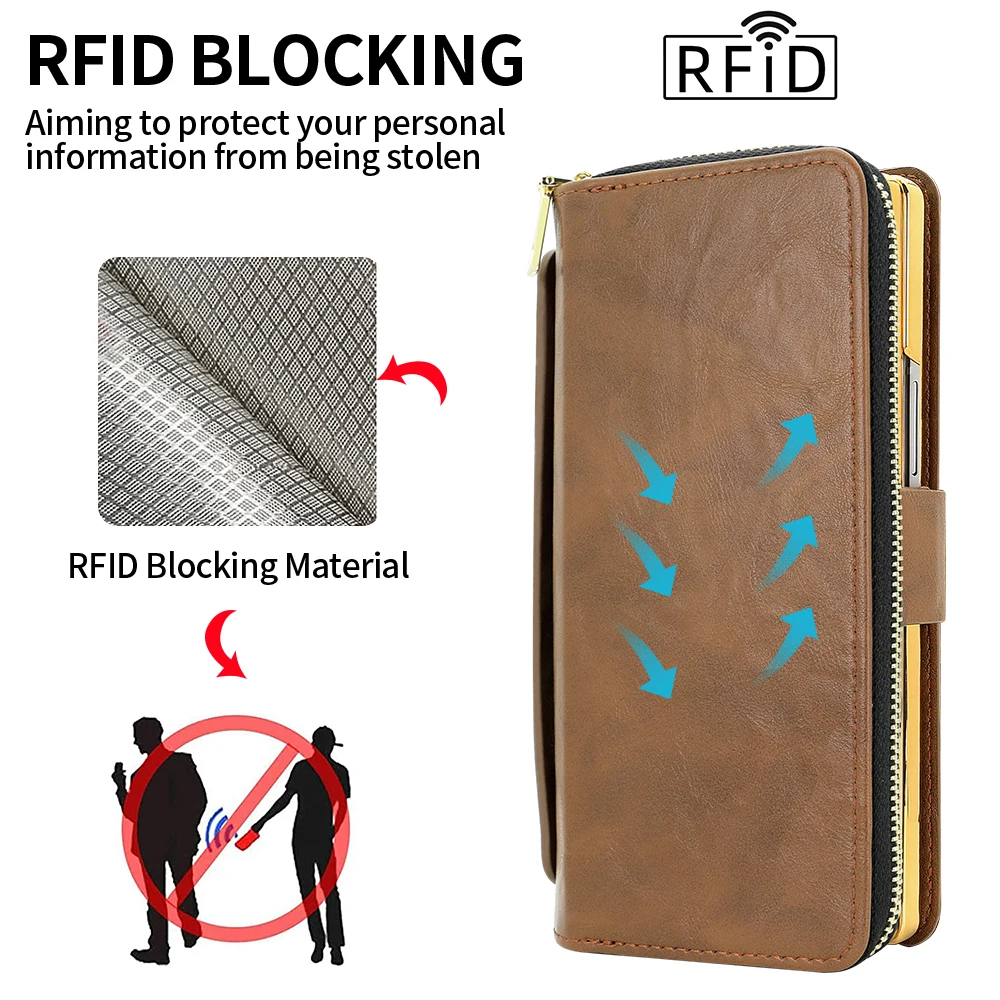 Faux Leather Flip RFID Wallet Phone Case with Hand Grip, Credit Card Slots, Magnetic Clasp, and Stylus