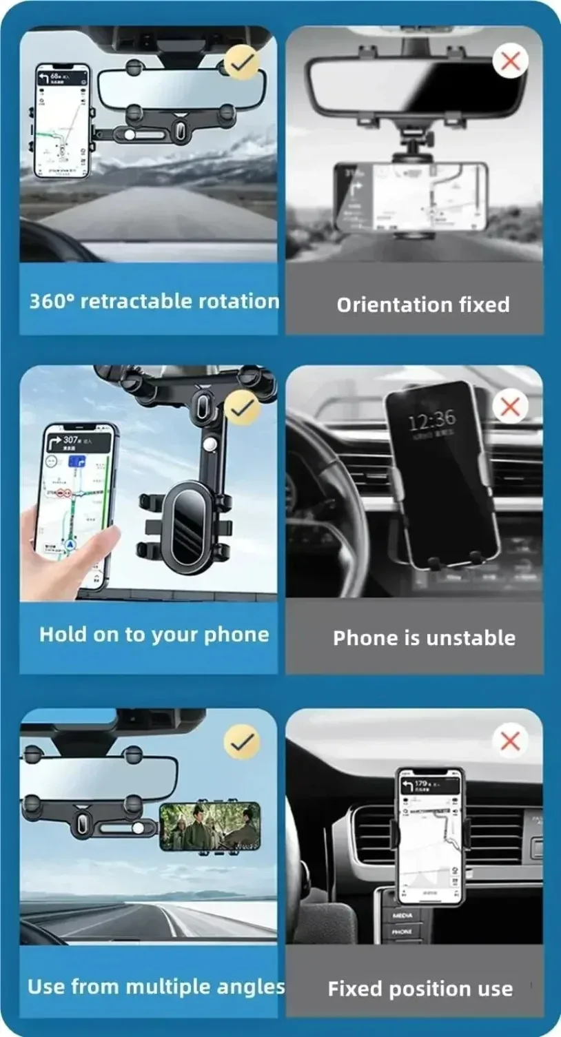 360° Adjustable Car Rearview Mirror Mobile Phone Holder For Car Rotation Telescopic Multifunctional Phone Car Bracket Stands